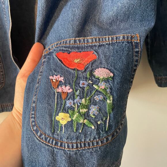 Vintage Blair Lightweight Denim Floral Embroidered Chore Coat / Shirt Jacket L - Picture 2 of 7